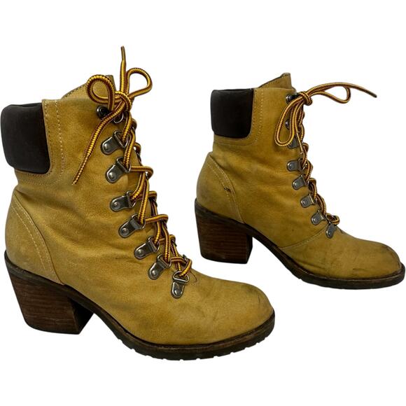 Shoe Cult Nasty Gal Lace Up Boots Womens 6 Tan Block Heel Logger Packer Grunge - Picture 1 of 12